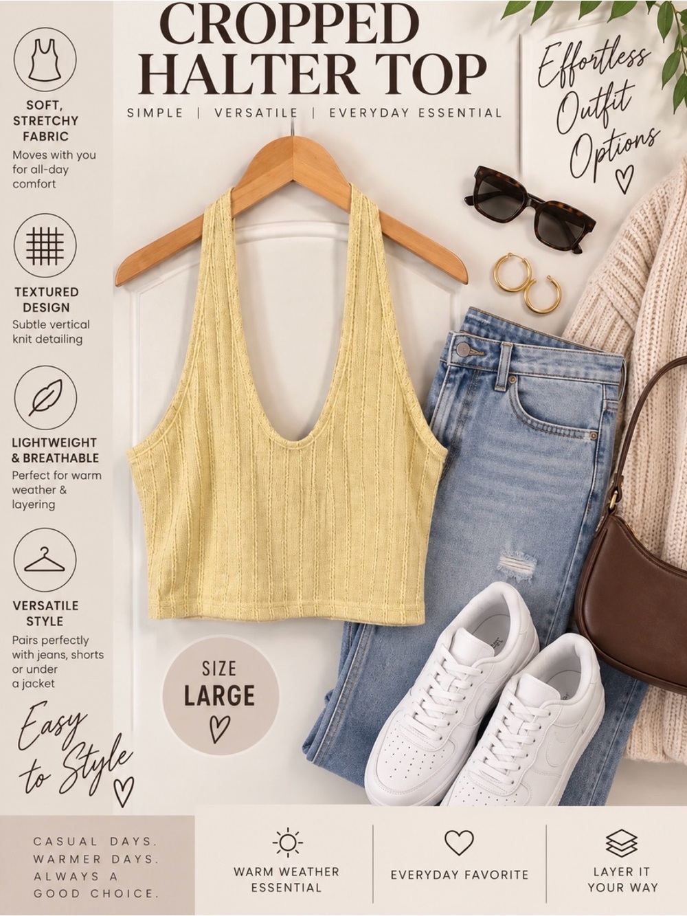 Soft Ribbed Halter Crop Halter Top - Pale Yellow